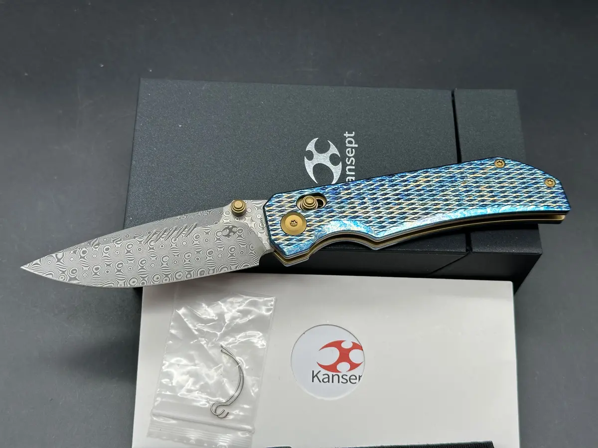 Kansept Eaglestrike Crossbar Lock Knife Lightning Strike Finish Titanium 3.73'' Damascus Blade 1
