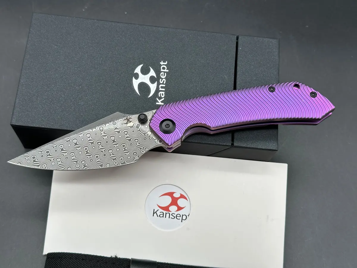 Kansept Fenrir Purple Anodized Titanium Micro Milled Water Ripple Handle (3.48'' Damascus Blade) 1