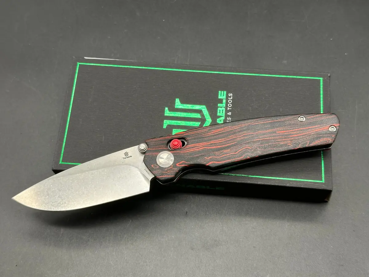 Tenable Raven Folding Knife Stonewashed 14C28n Blade Red And Black G-Mascus Handle 1