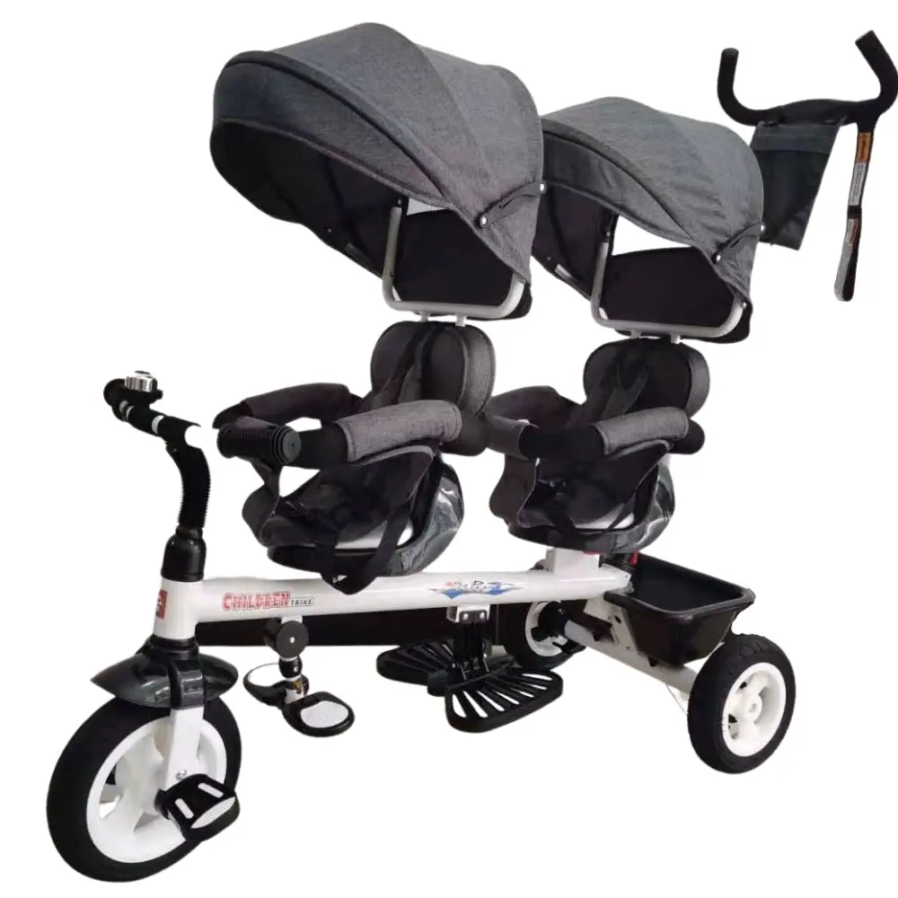 Kids Tandem Tricycle Double Seats Ride-On Trike With Parent Handle - Grey 1