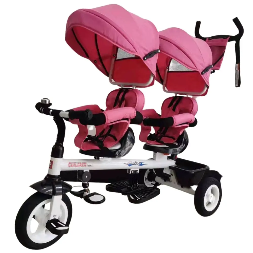 Kids Tandem Tricycle Double Seats Ride-On Trike With Parent Handle - Pink 1