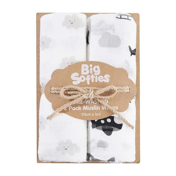 Big Softies Pre-Washed 2 Pack Muslin Wraps - Cloud 1