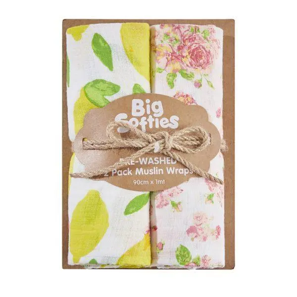 Big Softies Pre-Washed 2 Pack Muslin Wraps - Floral 1