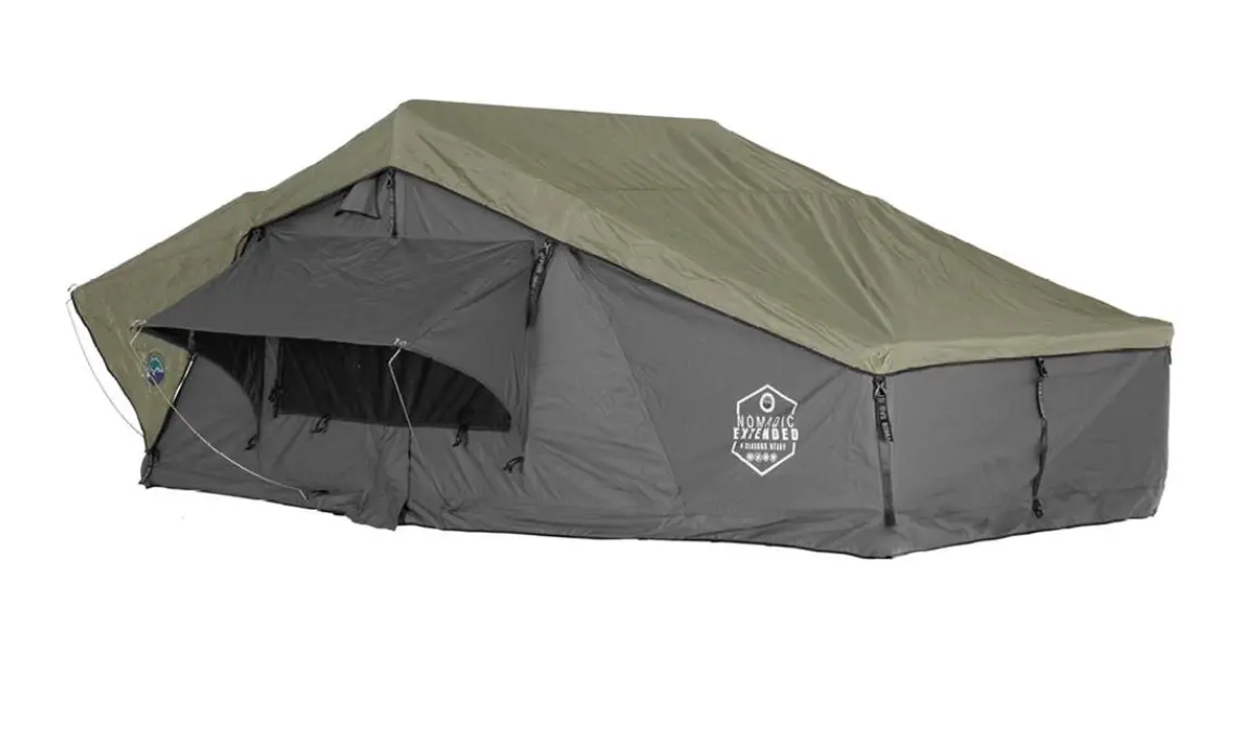 Overland Vehicle Systems Hd Nomadic 3 Extended Soft Shell Roof Top Tent, Grey Body & Green Rainfly 1