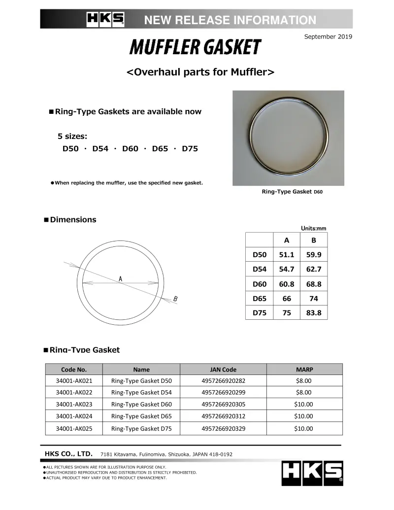Hks Muffler Gasket 75Mm Id 83.8Mm Od 1