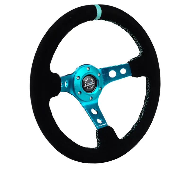 Nrg Reinforced Steering Wheel (350Mm/ 3In. Deep) Black Suede/ Teal Center Mark/ Teal Stitching 1